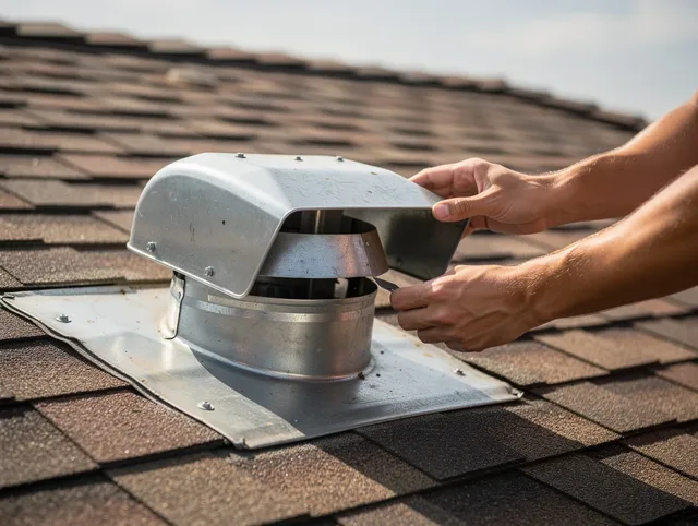 Swampscott Dryer Vent Cleaning certified technician safely cleaning a roof-mounted dryer vent in Swampscott