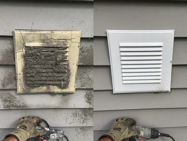 Swampscott Dryer Vent Cleaning technician installing high-quality dryer vent cover at a residential property in Swampscott