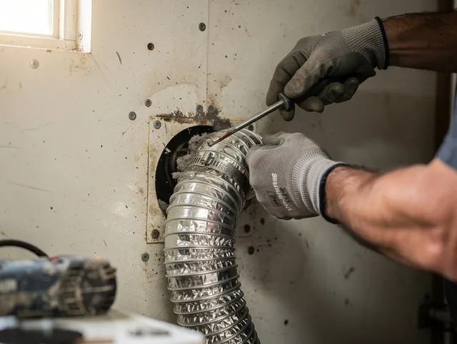 Swampscott Dryer Vent Cleaning technician performing precise dryer vent hose installation in Swampscott